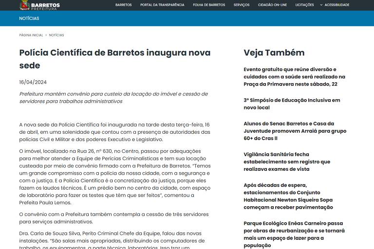 Conteúdos relacionados a apostas inseridas no site da prefeitura de Barretos 