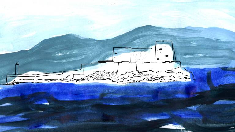 A ilustração, em tons de azul, é feita com tinta em pinceladas horizontais que sugerem mar, montanha e céu. Ao centro, em uma mancha branca, é desenhada em linhas pretas uma silhueta de um castelo ilhado no meio do azul.