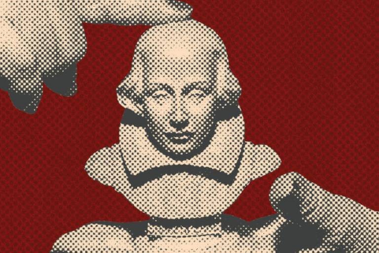 busto de William Shakespeare em pedra branca sobre fundo vermelho