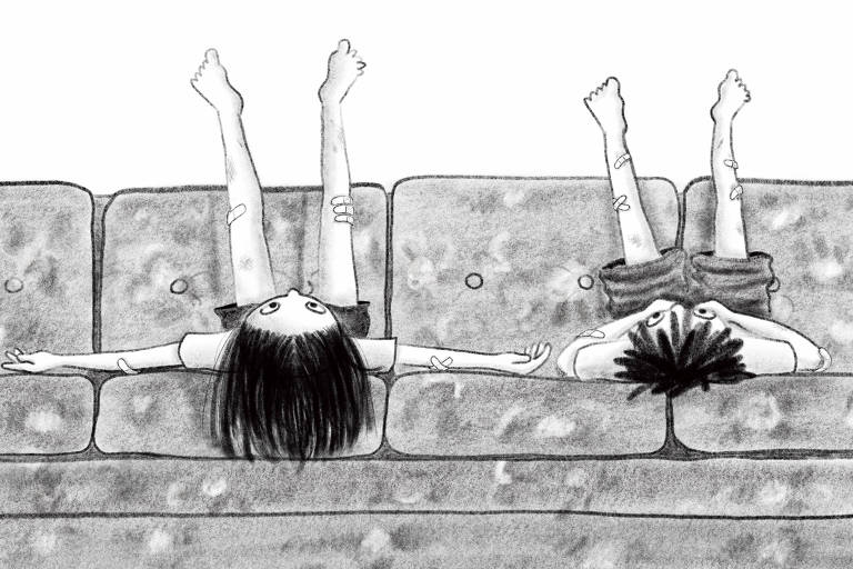 desenho de duas crianças de ponta cabeça no sofá com os pés para cima
