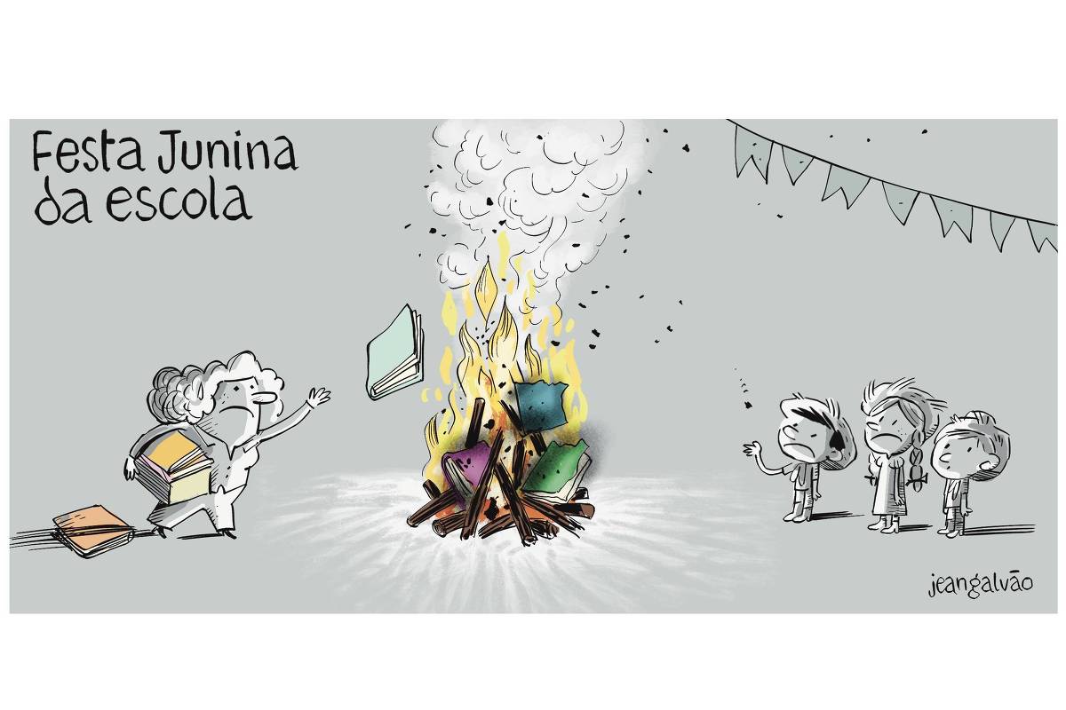 Charge de Jean Galvão com o título "Festa Junina da Escola" mostra uma fogueira enorme no centro, queimando não apenas madeira, mas também livros, que são lançados pela diretora da escola, situada no lado esquerdo da imagem. No lado direito, dois alunos e uma aluna, vestidos a caráter para a festa junina, observam a cena com perplexidade e tristeza. Um dos alunos estica a mão, prestes a receber uma cinza de papel queimado