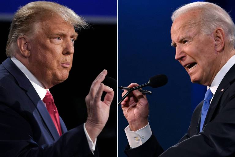 Montagem com as imagens de Donald Trump e Joe Biden durante um debate em 2020