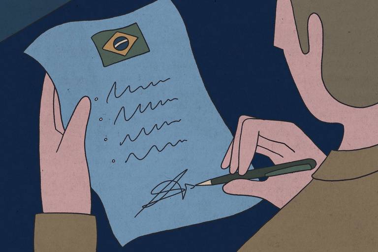 Ilustração de homem vestindo terno beje visto de costas segurando um papel azul com a bandeira do Brasil no topo. Com uma caneta, faz anotações pontuais seguido de assinatura no fim da página.