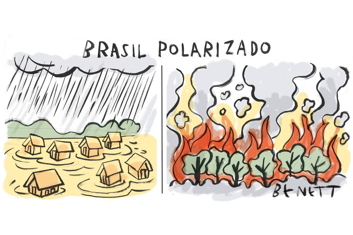 A charge de hoje publicada pela Folha em todas as suas plataformas é de Benett (@cartunistabenett) e tem dois quadros. Em um deles o desenho mostra uma área com casas quase cobertas pelas águas de uma enchente, ainda castigadas pela chuva e com nuvens pesadas. No outro quadro, uma região de floresta e mata sendo devoradas por um incêndio enorme. O título da charge é: Brasil Polarizado.