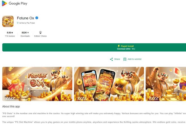 Captura de tela mostra página que imita a Play Store, a loja de aplicativos do Google. É exibido um aplicativo similar ao "jogo do tigrinho".