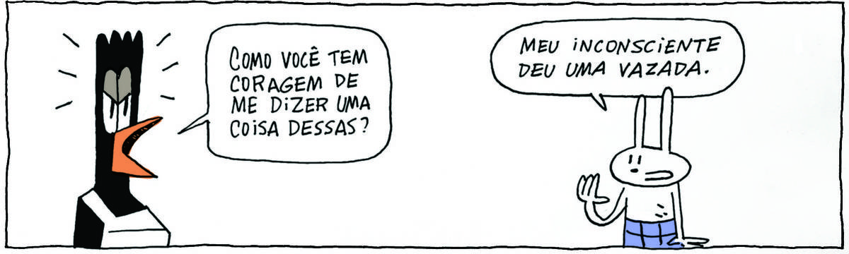 A tirinha BICUDINHO, publicada em 26/06/2024, traz TATI MATISSE, uma coelhinha branca de orelhas compridas e saia azul e GISLAINE, uma ave preta pernalta, com bico laranja e vestido branco com listras pretas. Gislaine diz: Como você tem coragem de me dizer uma coisa dessas? Tati responde: Meu inconsciente deu uma vazada.