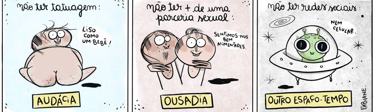 A tira Viver Dói, de Fabiane Langona, publicada em 26/06/2024 é composta por três quadros. No primeiro quadro, vemos um rapaz sentado de costas, completamente nu. Ele está sorridente e tem a cabeça virada para trás, em direção ao leitor. No segundo quadro, vemos um casal também sorridente, eles tem as mãos uma acima do ombro do outro, coladinhos. No terceiro quadro, vemos um extraterrestre fofo também sorridente. Ele está voando pelo espaço em uma pequena nada com uma redoma transparente e arredondada.  No quadrinho 1, uma legenda narrativa diz: "Não ter tatuagem: Audácia". Enquanto o personagem diz: "Liso como um bebê!".  No quadrinho 2, uma legenda narrativa diz: "Não ter mais de uma parceria sexual: Ousadia". Enquanto um dos personagens diz: "Sentimos-nos bem alimentades.". No quadrinho 3, uma legenda narrativa diz: "Não ter redes sociais: Outro espaço-tempo". Enquanto o personagem diz: "Nem celular.".