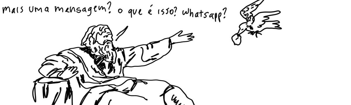 A tirinha em preto e branco de Estela May, publicada em 26/06/24, traz um homem velho e barbudo com trajes antigos sentado. Em sua frente, um pássaro se aproxima com algo na boca. O homem diz “mais uma mensagem? o que é isso? WhatsApp?