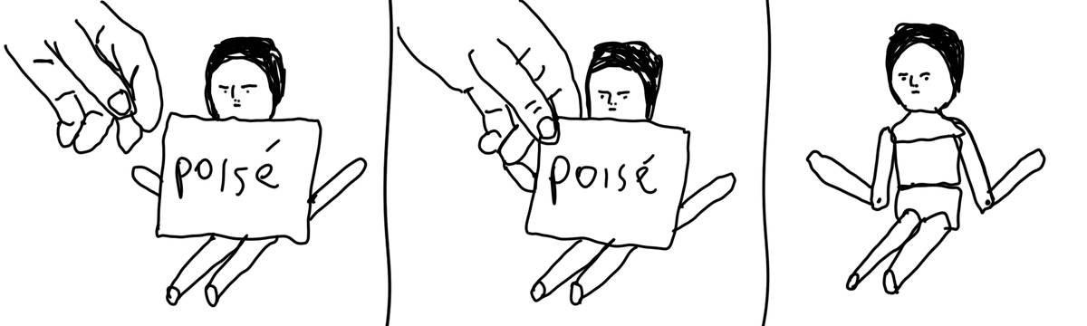 A tirinha em preto e branco de Estela May, publicada em 28/06/24, traz três quadros onde uma mão pega uma mensagem no colo de uma boneca: um papel escrito “poisé”