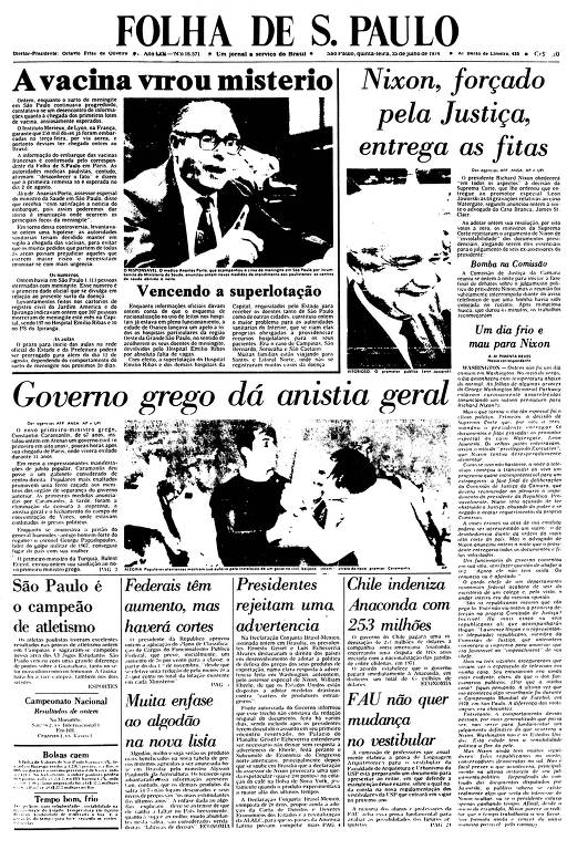 Primeira Página da Folha de 25 de julho de 1974