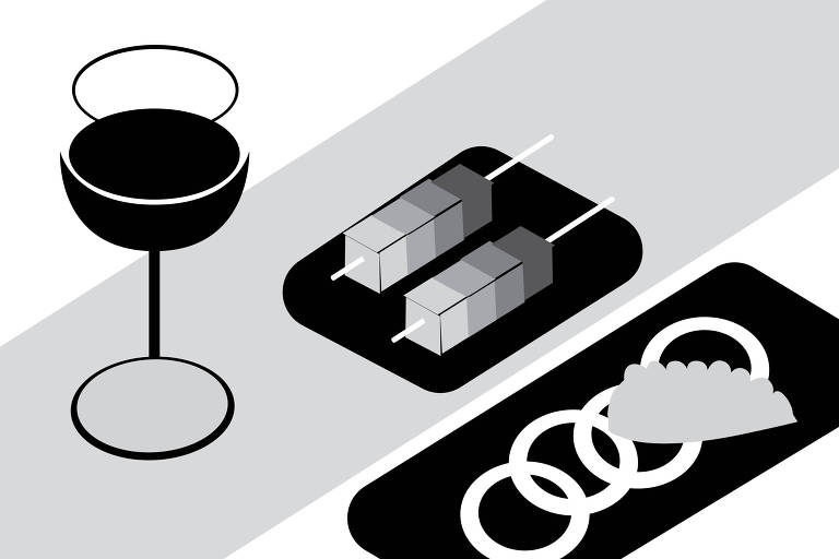 ilustração em tons de cinza de uma mesa posta com espetinhos, aneis de lula com espuma e uma taça de vinho.
