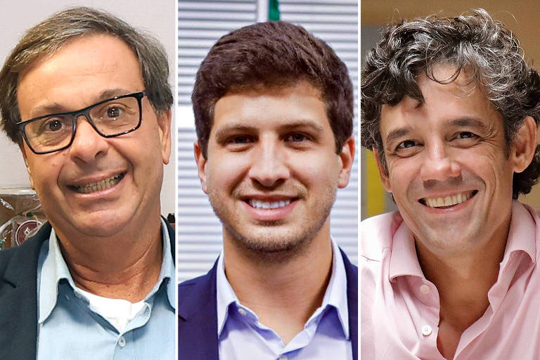 Montagem com imagens de Gilson Machado, João Campos e Daniel Coelho sorrindo e olhando para a frente.