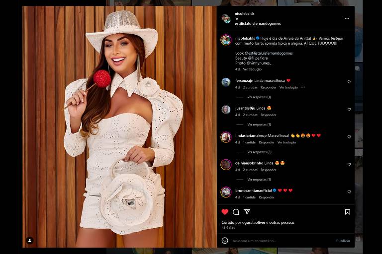 Captura de tela no modo desktop de uma foto no Instagram. A apresentadora Nicole Bahls aparece sorrindo e veste roupas brancas no estilo cowboy, com chapéu e ombreiras