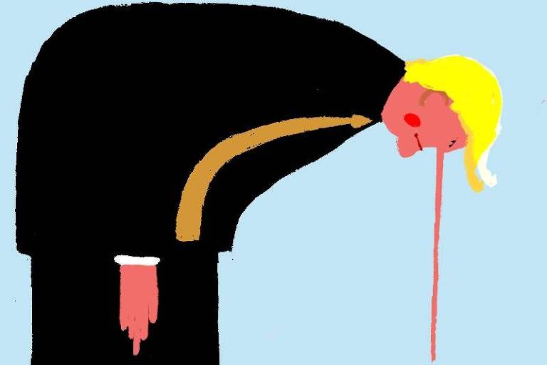 A imagem é uma ilustração de uma pessoa com cabelo loiro, vestindo um terno preto com uma faixa amarela no ombro, inclinada para frente. A pessoa tem o rosto corado e está com sangue escorrendo do nariz. O fundo da imagem é azul claro.