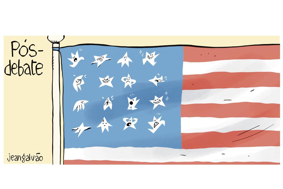 Charge de Jean Galvão com o título “Pós-debate” mostra a bandeira dos Estados Unidos. No retângulo azul, as estrelas brancas estão se movimentando, correndo, caindo, com braços levantados, como se tivessem vida. Cada uma expressa um sentimento, como susto, desespero, alegria, satisfação, tristeza e espanto.