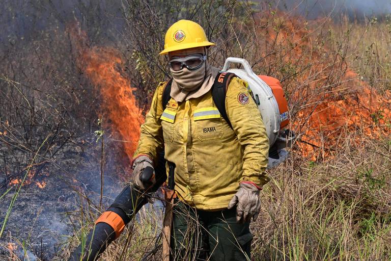 Um bombeiro vestido com uniforme de proteção amarelo e capacete amarelo está combatendo um incêndio florestal. Ele carrega um equipamento nas costas e segura uma mangueira. Ao fundo, há chamas e fumaça em uma área de vegetação seca.