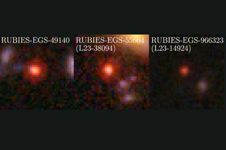 Três galáxias do programa Rubies, vistas como eram quando o Universo tinha 600 milhões a 800 milhões de anos, fotografadas pelo Telescópio Espacial James Webb