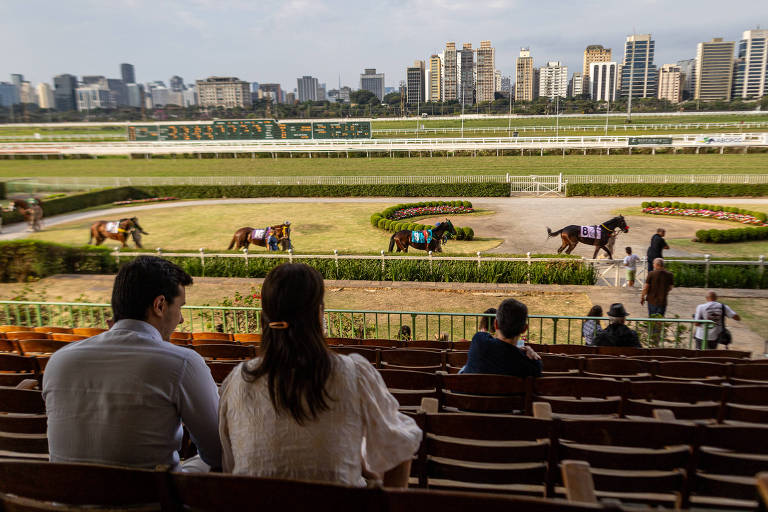 Frequentadores observam cavalos em apresentações antes da corrida começar neste sábado (29)