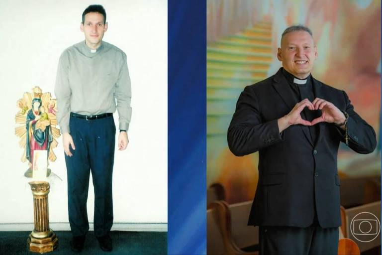 Padre Marcelo Rossi antes (esq.) e depois (dir.) de começar a cuidar do corpo