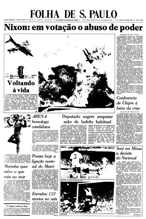 Primeira Página da Folha de 29 de julho de 1974