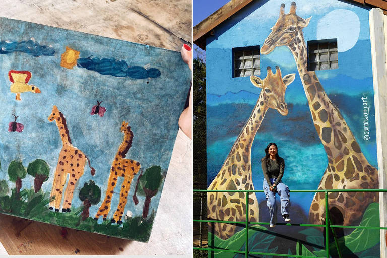 Montagem com duas imagens.
À esquerda, Carol Wang segura uma pintura de duas girafas, realizada em 2001. A pintura mostra duas girafas em pé lado a lado andando entre árvores. As girafas são altas e de cor amarelada com manchas marrons. Elas têm longos pescoços, chifres e caudas. No céu azul, há borboletas e passarinhos voando.
À direita, a artista está sentada em uma grade de metal em frente a um mural de girafas no centro da imagem. O mural mostra tem fundo azul e duas girafas em tamanho grande. 



