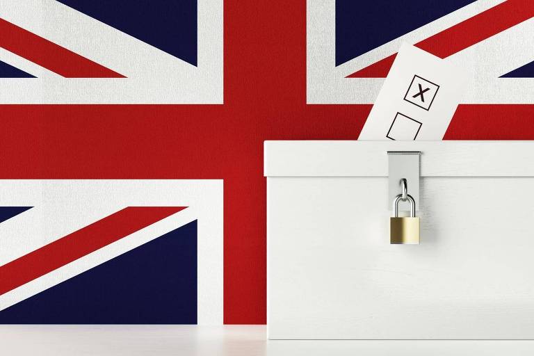 A imagem mostra uma urna de votação branca com um cadeado dourado na frente. Um papel de votação com uma marcação de 'X' está parcialmente inserido na urna. Ao fundo, há uma bandeira do Reino Unido, com suas cores características de vermelho, branco e azul.