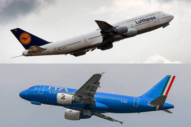 A imagem mostra dois aviões em voo. O avião na parte superior é branco com detalhes em azul escuro e amarelo, com o logotipo da Lufthansa na cauda. O avião na parte inferior é azul com detalhes em branco e vermelho, com o logotipo da ITA Airways na cauda.