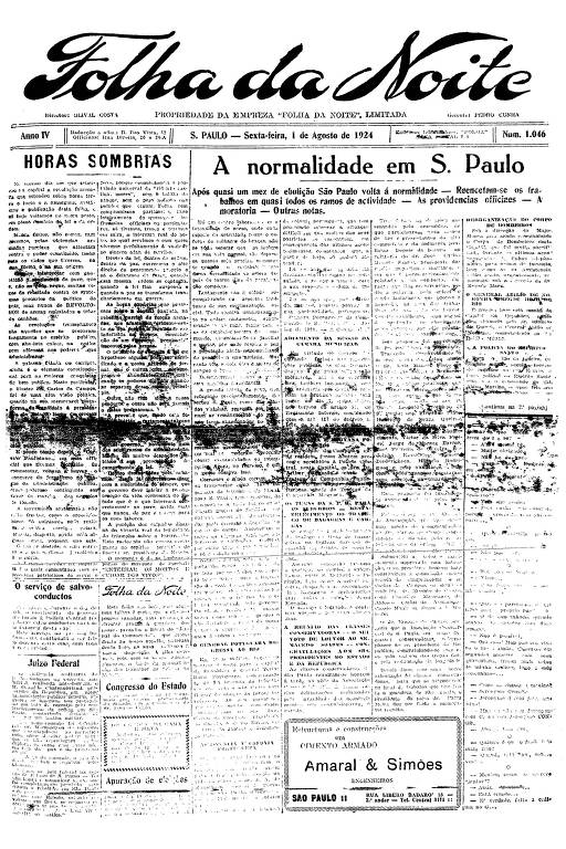 Primeira Página da Folha da Noite de 1º de agosto de 1924