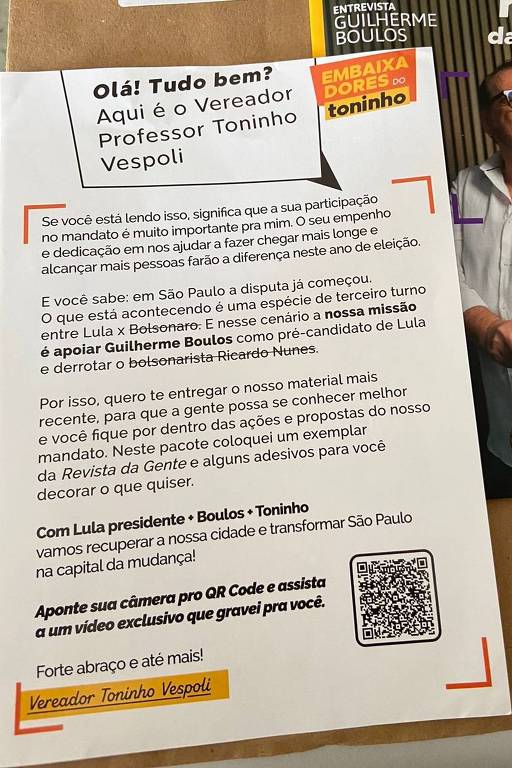 Panfleto enviado pelo vereador Toninho Vespoli (PSOL)