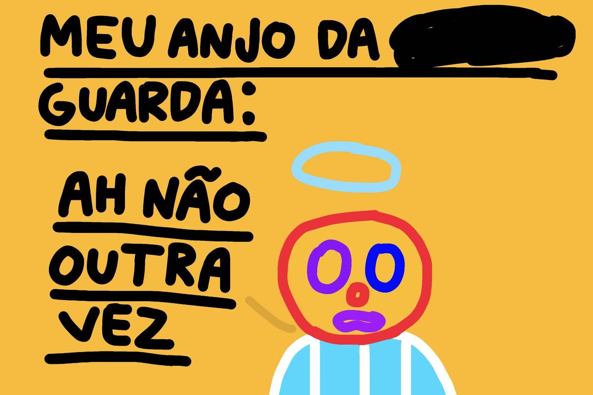 No alto da ilustração, há o título "Meu anjo da guarda:". Logo abaixo, há uma personagem estilizada com olhos grandes, auréola sobre a cabeça e roupa azul clara com listras brancas que diz "Ah não outra vez". O fundo é laranja