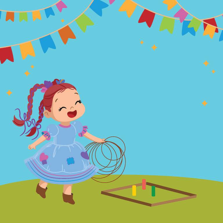 Ilustração de uma menina sorridente com vestido azul e remendos coloridos, segurando argolas em uma mão. Ela está em um campo verde com bandeirinhas coloridas penduradas acima dela. No chão, há um jogo de argolas com pinos coloridos dentro de uma moldura quadrada.
