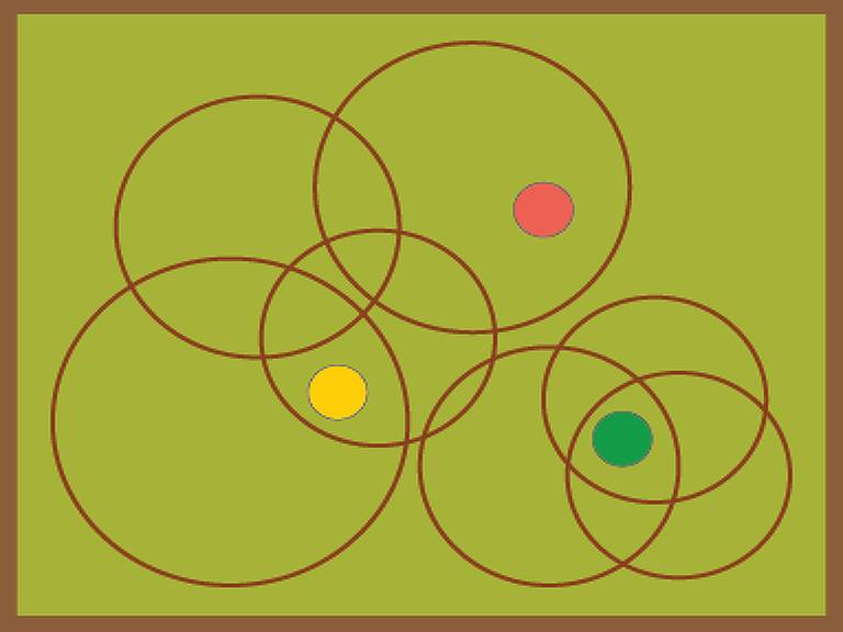 A imagem mostra um fundo verde com vários círculos marrons sobrepostos. Dentro dos círculos, há três pontos coloridos: um ponto vermelho no canto superior direito, um ponto amarelo no canto inferior esquerdo e um ponto verde no canto inferior direito.