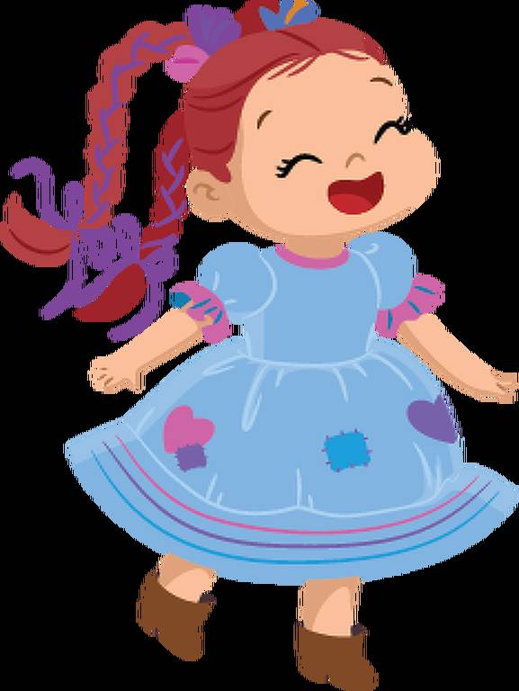 lustração de uma menina sorridente com cabelo vermelho trançado e laços roxos. Ela está usando um vestido azul com detalhes de corações e remendos, além de botas marrons.