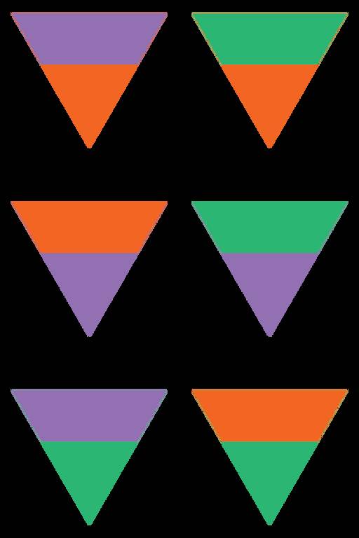 A imagem mostra seis triângulos invertidos, cada um dividido horizontalmente em duas cores. Na primeira linha, o triângulo da esquerda é roxo na parte superior e laranja na inferior, enquanto o da direita é verde na parte superior e laranja na inferior. Na segunda linha, o triângulo da esquerda é laranja na parte superior e roxo na inferior, enquanto o da direita é verde na parte superior e roxo na inferior. Na terceira linha, o triângulo da esquerda é roxo na parte superior e verde na inferior, enquanto o da direita é laranja na parte superior e verde na inferior.