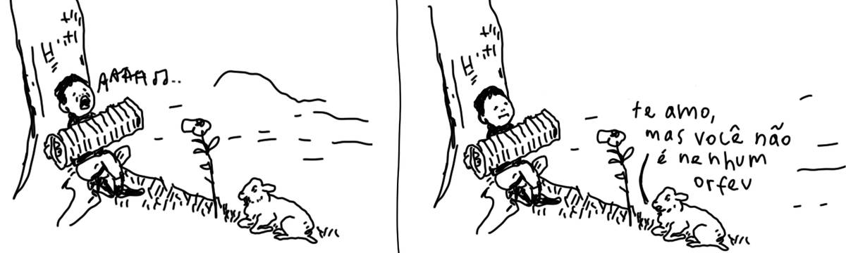 A tirinha em preto e branco de Estela May, publicada em 04/07/24, traz um menino cantando e tocando sanfona encostado numa árvore. Ao seu lado, um bezerro, que diz “te amo, mas você não é nenhum orfeu”