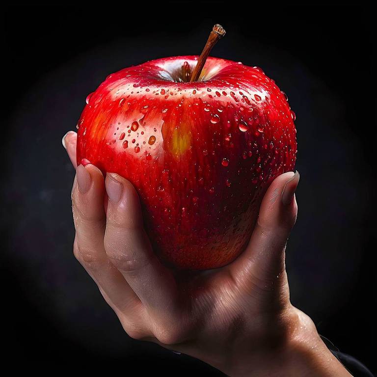 Mão segurando uma maçã vermelha molhada