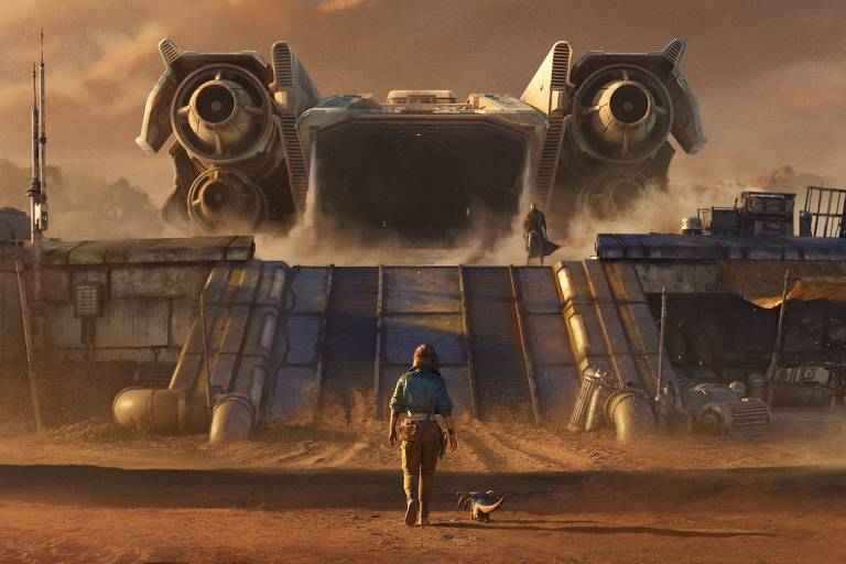 Imagem promocional do jogo 'Star Wars Outlaws'. A imagem mostra uma pessoa de costas, caminhando em direção a uma grande nave espacial pousada em um terreno desértico. Ao fundo, há um planeta com uma atmosfera alaranjada. O título 'STAR WARS OUTLAWS' está centralizado na parte superior da imagem.
