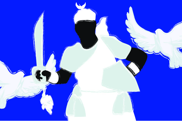 Ilustração de fundo azul escuro com duas pombas brancas voando ao fundo, uma à direita e outra à esquerda. Ao centro está o guerreiro Oxaguian levando uma espada na mão direita e um escudo na mão esquerda. Ele é negro, usa roupas brancas, braceletes brancos e traz um adorno branco na cabeça com uma pequena pomba ao centro.