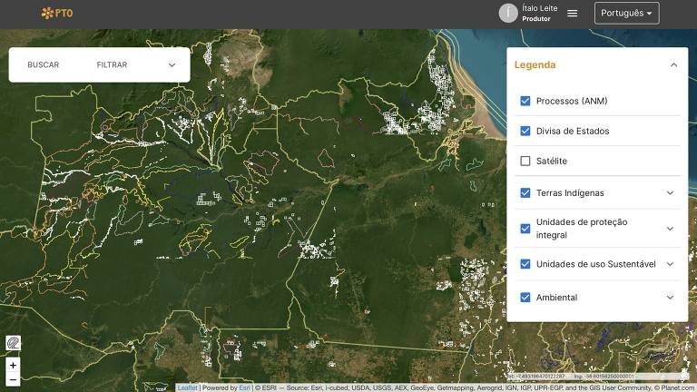 Imagem do Portal da Transparência do Ouro (PTO). Plataforma utiliza imagens de satélite para ilustrar os títulos minerários (em branco) e terras indígenas e unidades de conservação (em cores variadas)
