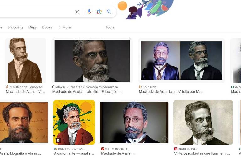 Busca do Google exibe 12 imagens de Machado de Assis. Duas delas são do avatar de IA do escritor, criado pela Academia Brasileira de Letras