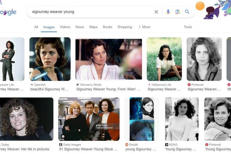 Busca do Google exibe 15 imagens de Sigourney Weaver, sendo a segunda uma cópia dela jovem gerada por IA.