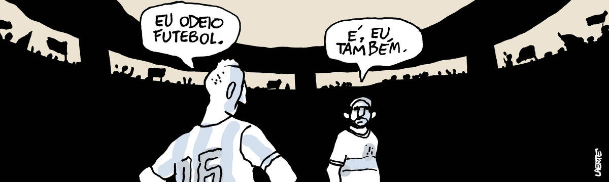 Tira de Laerte, em uma única imagem. Dois jogadores de futebol, num momento sem bola da partida. São de times diferentes, mas as camisas não estão identificadas como sendo de um clube específico. Ao fundo, a silhueta indica um estádio lotado, com gente vibrando e bandeiras tremulando. Um deles, as mãos na cintura, comenta: “Eu odeio futebol” - o outro olha e diz: “É, eu também”.