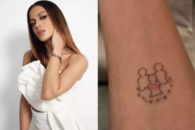 duas fotos, lado a lado: a da esquerda mostra a cantora Anitta, da cintura para cima, de vestido branco dem mangas, encarando a câmera; a da direita, um detalhe de sua tatuagem, com tres pessoas e algumas estrelas