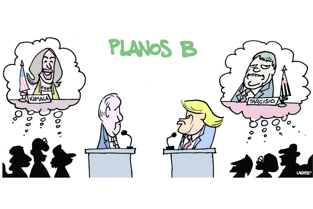 Charge de Laerte, com o título “PLANOS B”: Frente a frente, cada um em seu púlpito, Joe Biden e Donald Trump, como para um debate. Atrás de cada um deles há um grupo de pessoas, representadas em silhueta - de cada grupo se elevam balões de pensamento. Os pensamentos do grupo atrás de Biden se reúnem na figura de Kamala Harris, em sua mesa, com uma plaqueta onde está escrito “KAMALA” e uma bandeirinha dos Estados Unidos. Os pensamentos do grupo atrás de Trump se reúnem na figura de Tarcísio de Freitas, em sua mesa, com uma plaqueta onde está escrito “TARCÍSIO” e uma bandeirinha do estado de São Paulo.