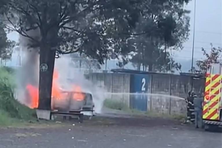 A imagem mostra um carro em chamas ao lado de uma árvore, com fumaça e fogo visíveis. Dois bombeiros estão ao lado de um caminhão de bombeiros, utilizando uma mangueira para apagar o incêndio