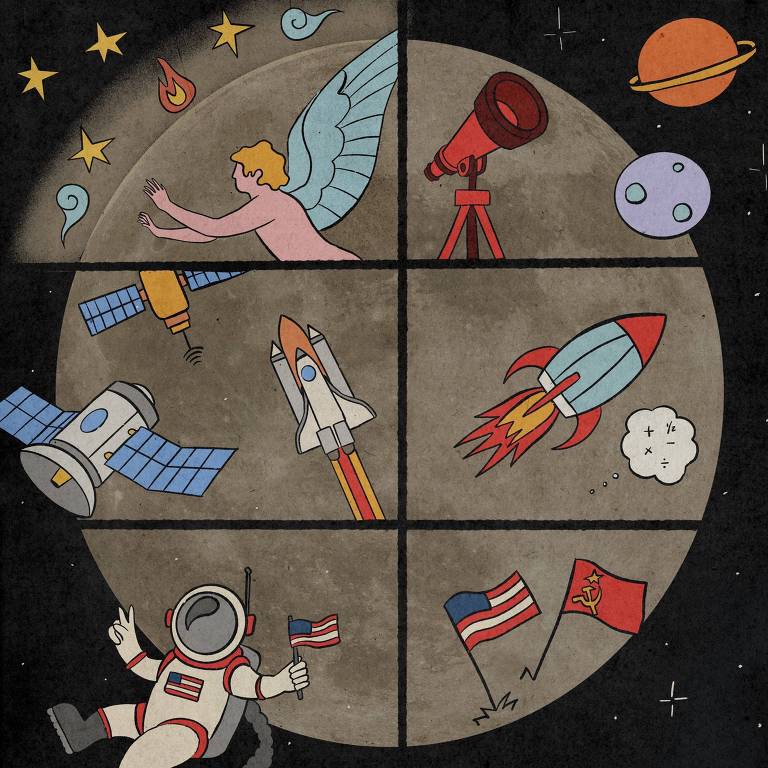 A imagem é uma ilustração dividida em seis quadrantes, cada um representando diferentes aspectos da exploração espacial. No quadrante superior esquerdo, há uma figura mitológica com asas, estrelas e um cometa. No quadrante superior direito, há um telescópio vermelho e dois planetas. No quadrante central esquerdo, há um satélite com painéis solares. No quadrante central direito, há um foguete em lançamento. No quadrante inferior esquerdo, há um astronauta segurando uma bandeira dos Estados Unidos. No quadrante inferior direito, há duas bandeiras, uma dos Estados Unidos e outra da União Soviética.