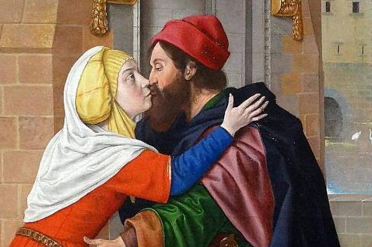 Pintura do século 15 mostra um casal com vestes antigas se beijando