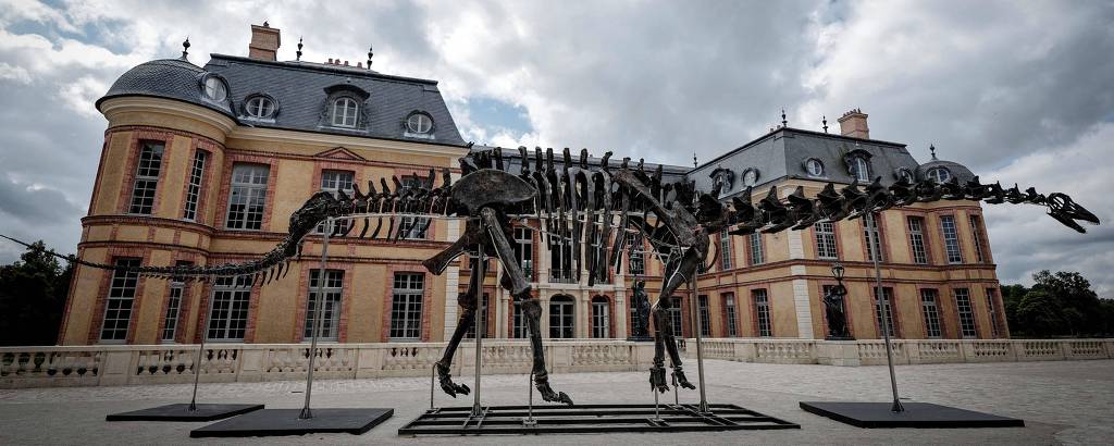 A imagem mostra um esqueleto de dinossauro completo e montado, exposto ao ar livre em frente a um grande edifício histórico com arquitetura clássica. O céu está nublado, e o esqueleto está sustentado por várias estruturas de suporte.
