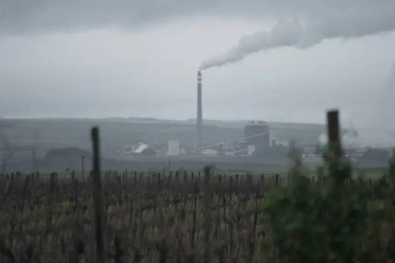 A imagem mostra uma paisagem industrial em um dia nublado. No centro da imagem, há uma chaminé alta emitindo fumaça branca. Ao redor da chaminé, há várias estruturas industriais. Em primeiro plano, há uma área videiras e postes de madeira. O céu está coberto de nuvens cinzentas

