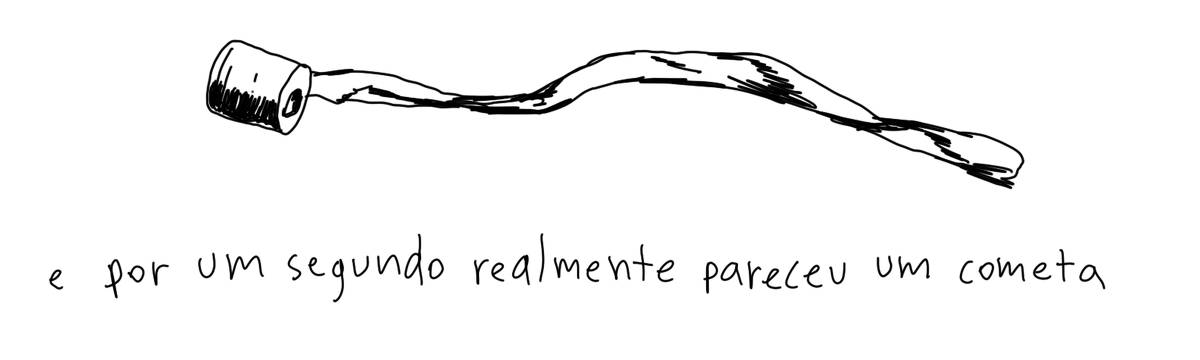 A tirinha em preto e branco de Estela May, publicada em 12/07/24, traz um um rolo de papel higiênico voando no ar. Abaixo, “e por um segundo realmente pareceu um cometa”